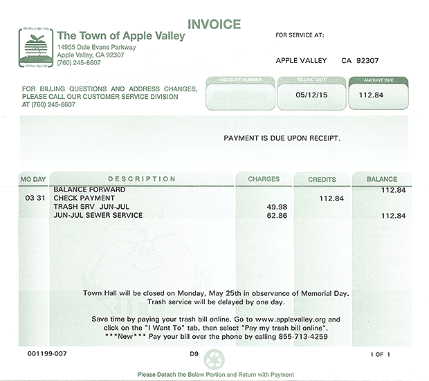 sewer bill from the Town of Apple Valley