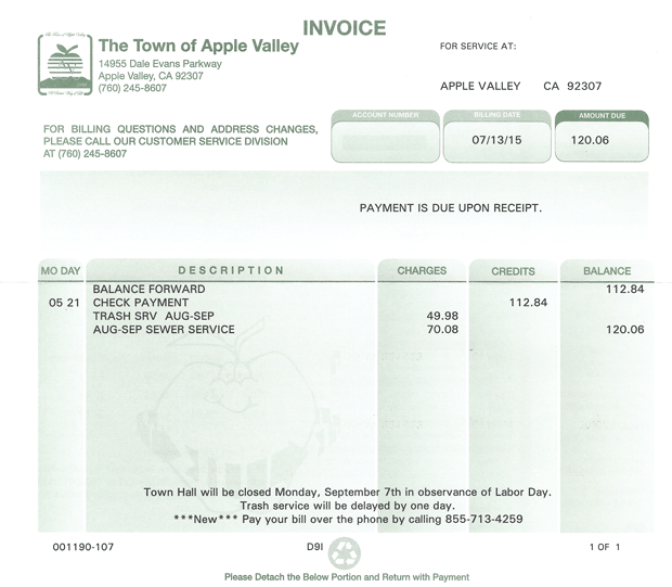 sewer bill from the Town of Apple Valley